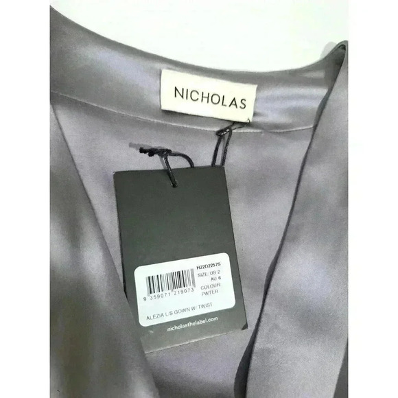 NICHOLAS Alezia Gray Twist Front Cutout Satin Side Slit Dress Sz 2 Msrp $498 - Picture 7 of 14